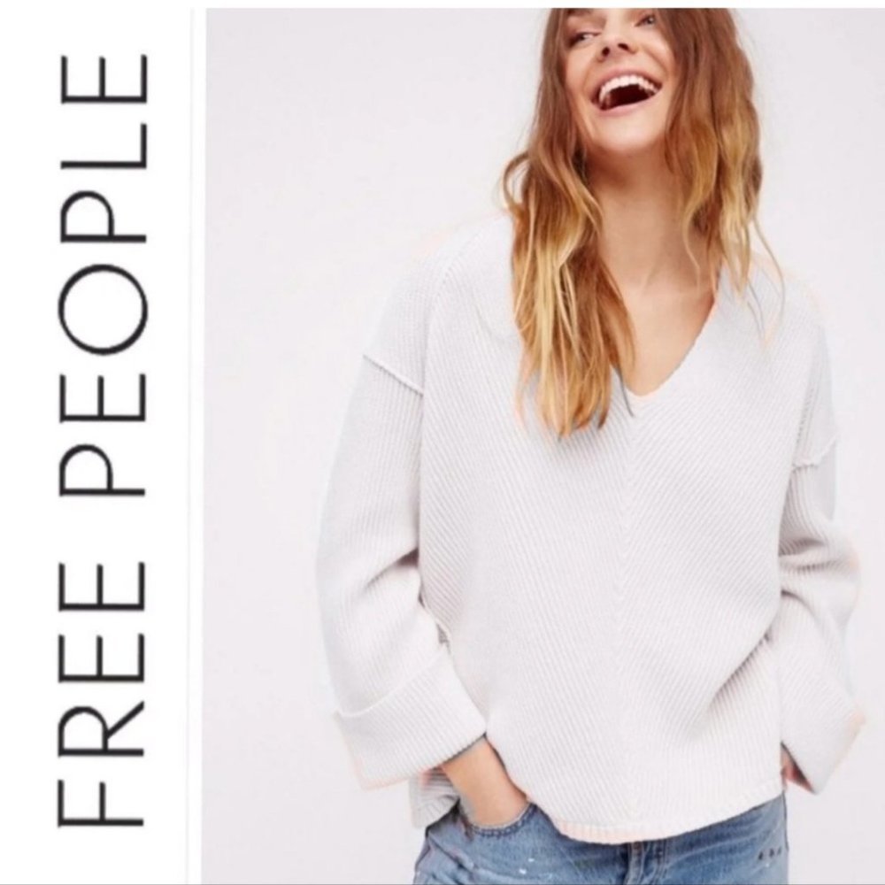 Free People La Brea V Neck Oversized Cotten Ribbed Knit Sweater - Picture 3 of 16